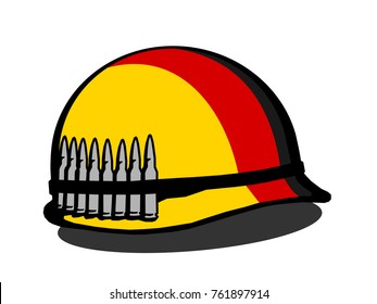 Helmet with German flag and bullets - militarization and armament of Germany. Military equipment for warfare and defence of country. Vector illustration