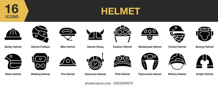 Helmet Glyph icon set. Includes viking helmet, pilot, retro, boxing helmet, fullface, and More. Solid icons vector collection.