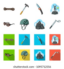 Helmet, goggles, wedge safety, peaks in the clouds.Mountaineering set collection icons in cartoon,flat style vector symbol stock illustration web.