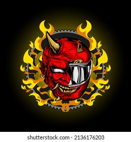 Helmet with half demon face on gear of fire. best for motocycle club logo, shirt print or tatto.