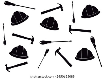 Helmet, hammer and screwdriver silhouette pattern.