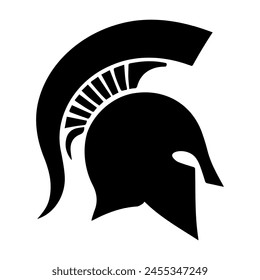 A helmet and the head of a fighter gladiator, showcasing strength with a serious expression in black and white, suitable for a black tattoo illustration without a background