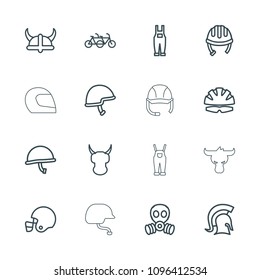 Helmet icon. collection of 16 helmet outline icons such as family bicycle, gardener jumpsuit, knight. editable helmet icons for web and mobile.