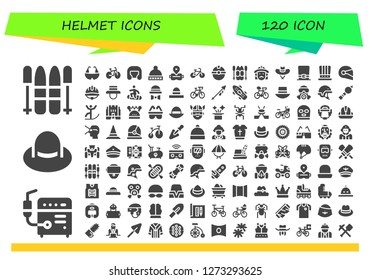  helmet icon set. 120 filled helmet icons. Simple modern icons about  - Ski, Welder, Hat, Bicycle, Bike, Boxing helmet, Virtual reality, Worker, Firefighter, Helmet, Snowboard