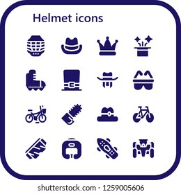  helmet icon set. 16 filled helmet icons. Simple modern icons about  - Helmet, Hat, Roller skate, Safety, Bicycle, Chainsaw, Bike, Safety glasses, Boxing helmet, Skateboard, Race car