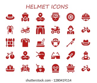  helmet icon set. 30 filled helmet icons. Simple modern icons about  - Hat, Gas mask, Virtual reality, Welder, Bicycle, Helmet, Cricket, Boxing shorts, Quad, Firefighter, Bike