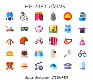 helmet icon set. 30 flat helmet icons. Included gas mask, bike, boxing shorts, goddess, worker, warrior, catapult, virtual reality, hockey, medieval, armor, hat, crossbow icons