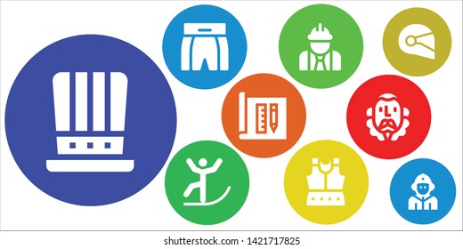 helmet icon set. 9 filled helmet icons.  Collection Of - Hat, Boxing shorts, Worker, Skiing, Armour, Architecture, Cervantes, Helmet, Firefighter