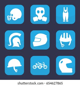 Helmet icon. set of 9 filled helmet icons such as gardener jumpsuit, knight, gas mask