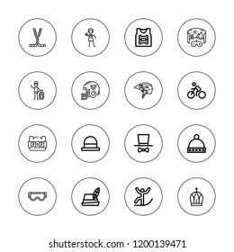 Helmet icon set. collection of 16 outline helmet icons with armor, bike, costume, goggles, helmet, hockey, hat, paintball, skiing, vr icons.