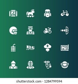 helmet icon set. Collection of 16 filled helmet icons included Astronaut, Ear protection, Kendo, Worker, Architecture, Mining, Concrete, Dynamite, Crossbow, Bicycle, Pilot, Helmet