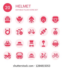helmet icon set. Collection of 20 filled helmet icons included Warrior, Hat, Firefighter, Gas mask, Boxing helmet, Bicycle, Bike, Damper, Punching ball, Helmet, Virtual reality