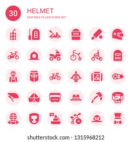 helmet icon set. Collection of 30 filled helmet icons included Dynamite, Raft, Catapult, Warrior, Cricket, Bicycle, Helmet, Quad, Worker, Bike, Crossbow, Panoramic view, Hat, Virtual reality