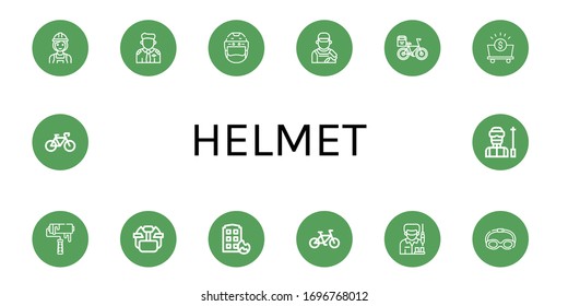 helmet icon set. Collection of Builder, Pilot, Helmet, Painter, Bicycle, Mine, Roller, Hockey helmet, House on fire, Worker, Goggles, Ski icons