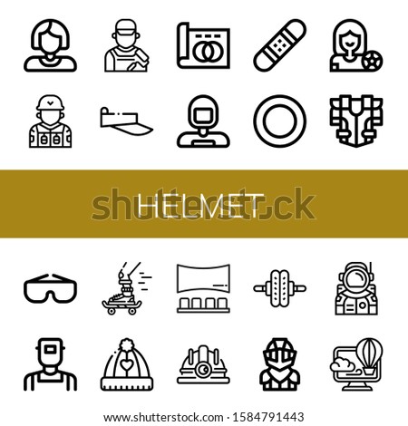 helmet icon set. Collection of Worker, Soldier, Painter, Visor, Greyscale, Astronaut, Snowboard, Puck, Football player, Armour, Goggles, Welder, Skateboard, Hat, Panorama icons