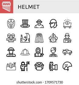 helmet icon set. Collection of Zampona, Hockey mask, Hat, Virtual reality, Firefighter, Mine, Alien, Racing, Kimono, Painter, Fireman, Fencer, Racing car, Painting tools icons