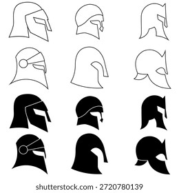 Helm-Symbol, Vektorsatz. Ritterhelm Illustration Schild Sammlung. Mittelalterliches Helmsymbol. Rüstungslogo.