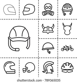 Helmet icons. set of 13 editable outline helmet icons such as family bicycle, knight