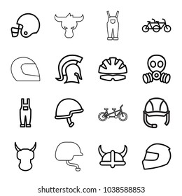 Helmet icons. set of 16 editable outline helmet icons such as family bicycle, gardener jumpsuit, knight