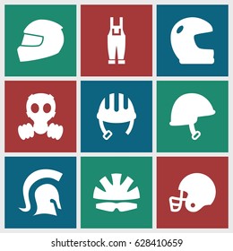 Helmet icons set. set of 9 helmet filled icons such as gardener jumpsuit, knight