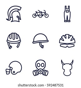 helmet icons set. Set of 9 helmet outline icons such as gardener jumpsuit, knight, gas mask