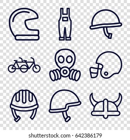 Helmet icons set. set of 9 helmet outline icons such as gardener jumpsuit, gas mask