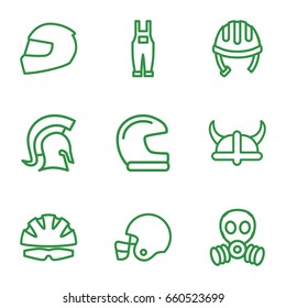 Helmet icons set. set of 9 helmet outline icons such as gardener jumpsuit, knight