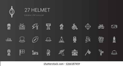 helmet icons set. Collection of helmet with racing, fire station, zeus, bicycle, pilot, astronaut, hat, american football, minerals, worker. Editable and scalable helmet icons.