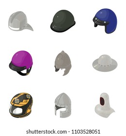 Helmet icons set. Isometric set of 9 helmet vector icons for web isolated on white background