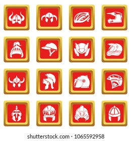 Helmet icons set vector red square isolated on white background 