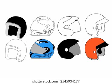 Helmet Illustration Set - Full-face, Open-face, Half. 
Protective Gear Helmet icon Vector Collection on the white background