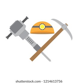 Helmet jackhammer pickaxe. The tools of a coal miner isolated on a white background. Cartoon vector close-up illustration.