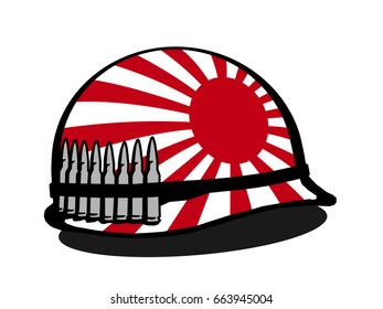 Helmet with Japanese war flag and bullet - militarization and armament of Japan. Military equipment for warfare and defence 