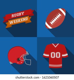 Helmet, jersey, ball ready for rugby weekend on blue background. Super bowl weekend party 