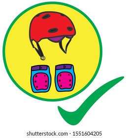 Helmet and knee pads in circle with check mark. Warning poster about 
extreme sports protection. Rules for active sports.