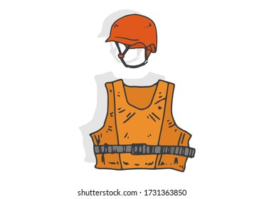 Helmet and life jacket. Safety equipment for sea sports. Isolated on a flat and whit background. 