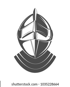 Helmet Logo, medieval knight antique vintage symbol , engraved hand drawn in sketch or wood cut style, old looking retro