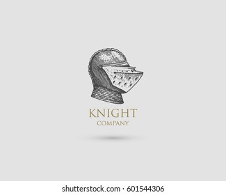 Helmet Logo, medieval knight antique vintage symbol , engraved hand drawn in sketch or wood cut style, old looking retro