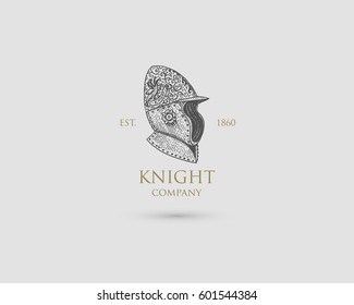 Helmet Logo, medieval knight antique vintage symbol , engraved hand drawn in sketch or wood cut style, old looking retro