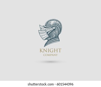 Helmet Logo, medieval knight antique vintage symbol , engraved hand drawn in sketch or wood cut style, old looking retro