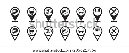 Helmet map pin icon set. Motorcycle repair workshop location pin map marker icons set. Mountain bike trail motorcycle track place.