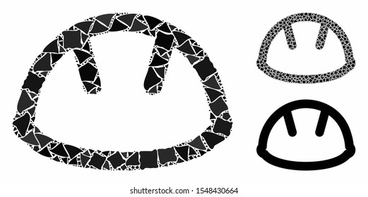 Helmet mosaic of ragged elements in variable sizes and color hues, based on helmet icon. Vector ragged items are combined into mosaic. Helmet icons collage with dotted pattern.