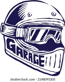 helmet motorcycle rider biker and garage in vector illustration art retro vintage design t-shirt or merchandise