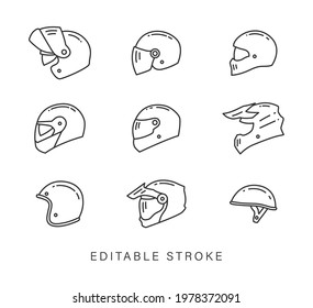 Helmet motorcycle vector icon set for Chopper Motocross Hard Enduro Retro Touring bike. Modular Jet helmets line outline thin sign. Visor protect accessories hat isolated on white. EDITABLE STROKE.