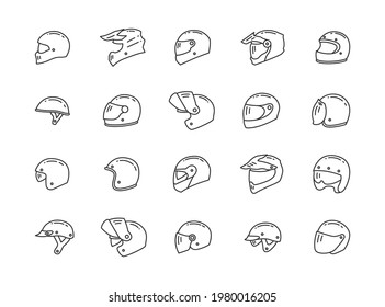 Icono vectorial de la motocicleta Casco para la moto de Chopper Motocross duro Enduro Retro Touring. Señal delgada del contorno de la línea de los cascos Jet modular. La visera protege el sombrero aislado en blanco.