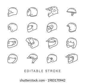 Helmet motorcycle vector icon set for Chopper Motocross Hard Enduro Retro Touring bike. Modular Jet helmets line outline thin sign. Visor protect accessories hat isolated on white. EDITABLE STROKE.