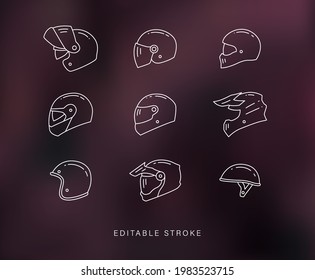 Icono vectorial de la motocicleta de casco para Chopper Motocross Enduro Retro Touring bicicleta Modulador Jet línea contorno delgado Visera para proteger accesorios aislados en el fondo oscuro. EDITABLE FUERZA.