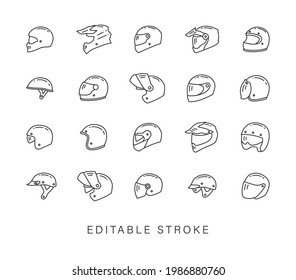 Helmet motorcycle vector icon set for Chopper Motocross Hard Enduro Retro Touring bike. Modular Jet helmets line outline thin sign. Visor protect accessories hat isolated on white. EDITABLE STROKE.