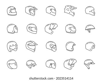 Helmet motorcycle vector icon set for Chopper Motocross Hard Enduro Retro Touring bike. Modular Jet helmets line outline thin sign. Visor protect accessories hat isolated on white.