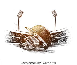 Helmet in night stadium lights for Cricket sports concept, Hand Drawn Sketch Vector illustration.